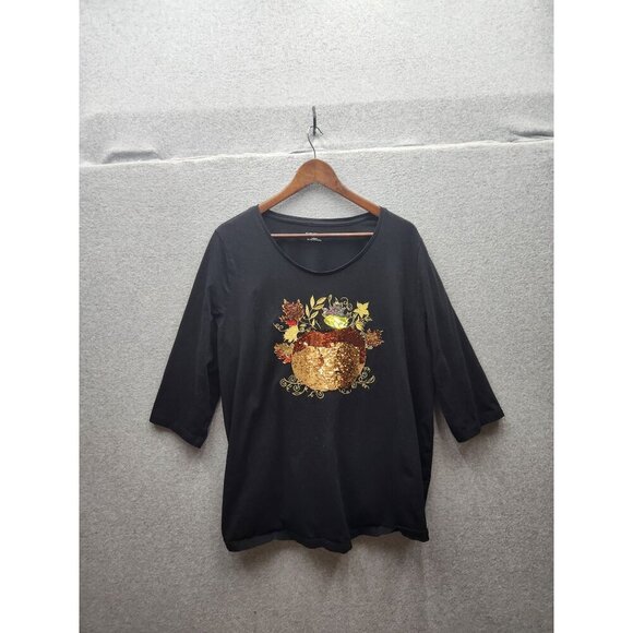Jack o lantern Black 3/4 Sleeve Womens Top With Sequin Autumn Harvest Design By - Picture 3 of 7